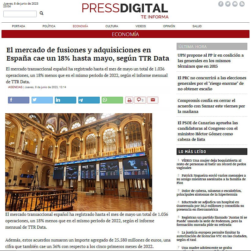 El mercado de fusiones y adquisiciones en Espaa cae un 18% hasta mayo, segn TTR Data